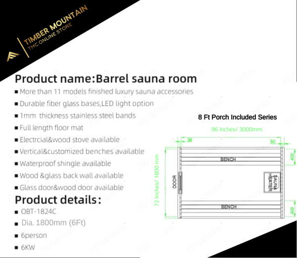 8FT Thermo Hemlock Barrel Sauna - with porch (4-6 Person)