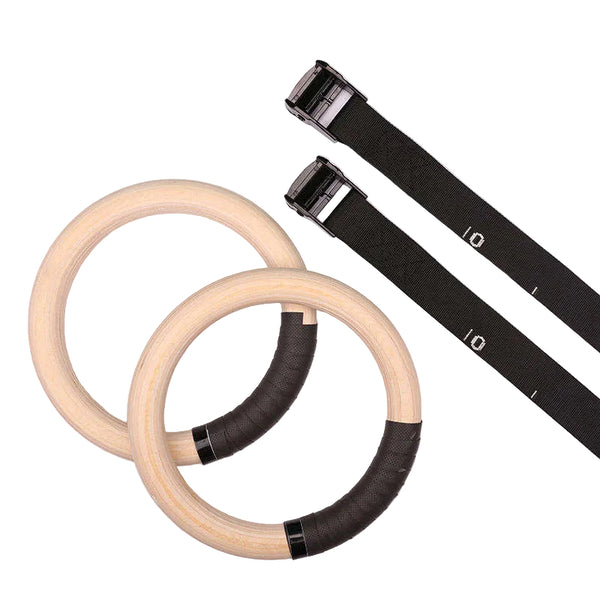 Adjustable Wooden Gymnastics Rings with Heavy-Duty Straps for Strength Training