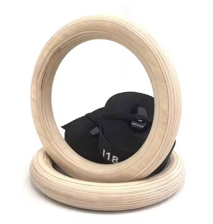 Adjustable Wooden Gymnastics Rings with Heavy-Duty Straps for Strength Training